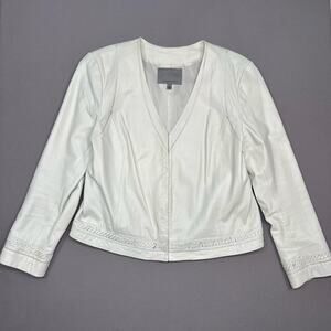 Classiques Entier White Leather V Neck Jacket with Whipstitch Detail Size XL